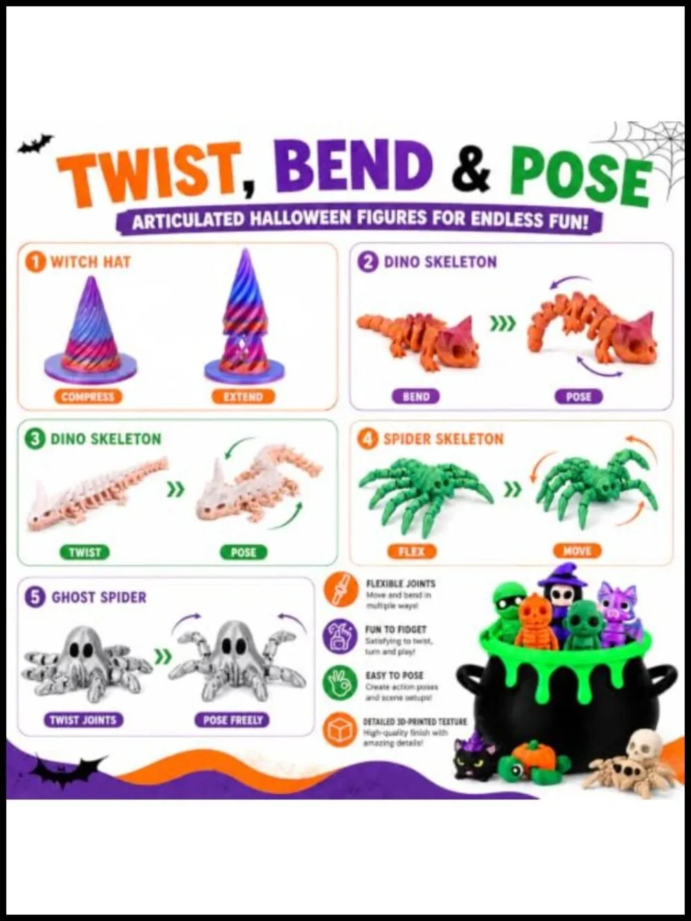 18Pcs Halloween 3D Printed Animals with Cauldron, Fidget Toys, Stress Relief